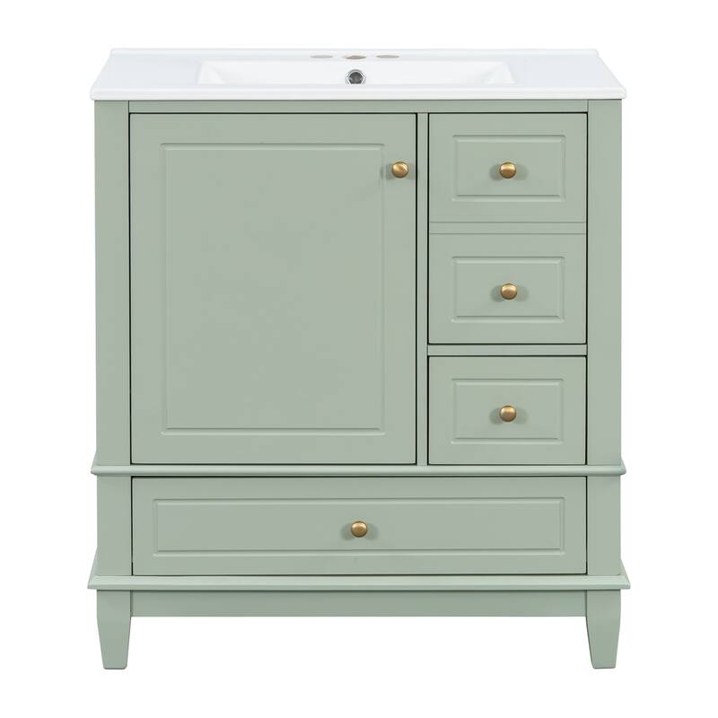 Bathroom Vanity with Ceramic Sink, Free Standing Single Basin Vanity Set with 2-Tier Storage, 3 Drawers & 1 Door