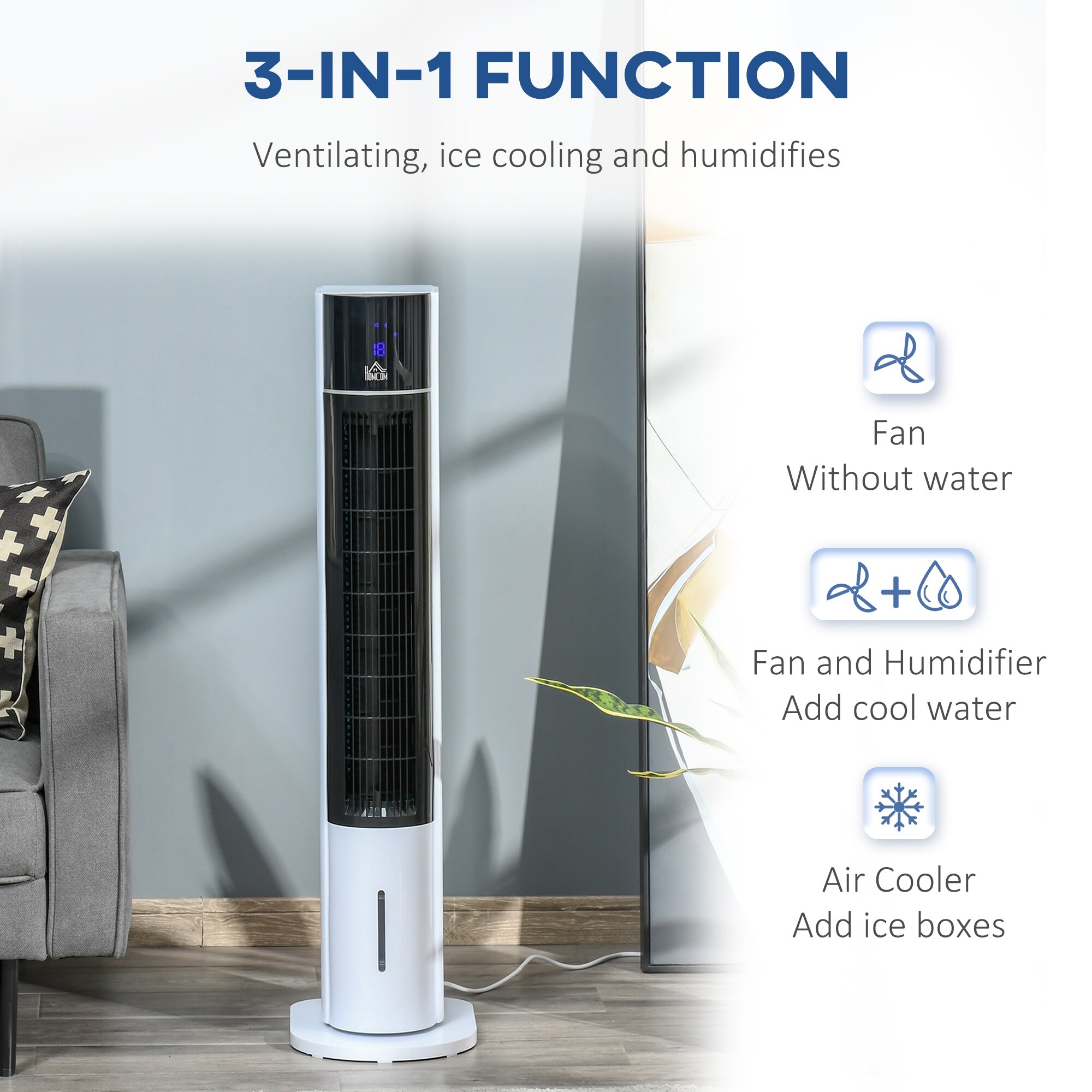 Tower fan with ice outlet chamber