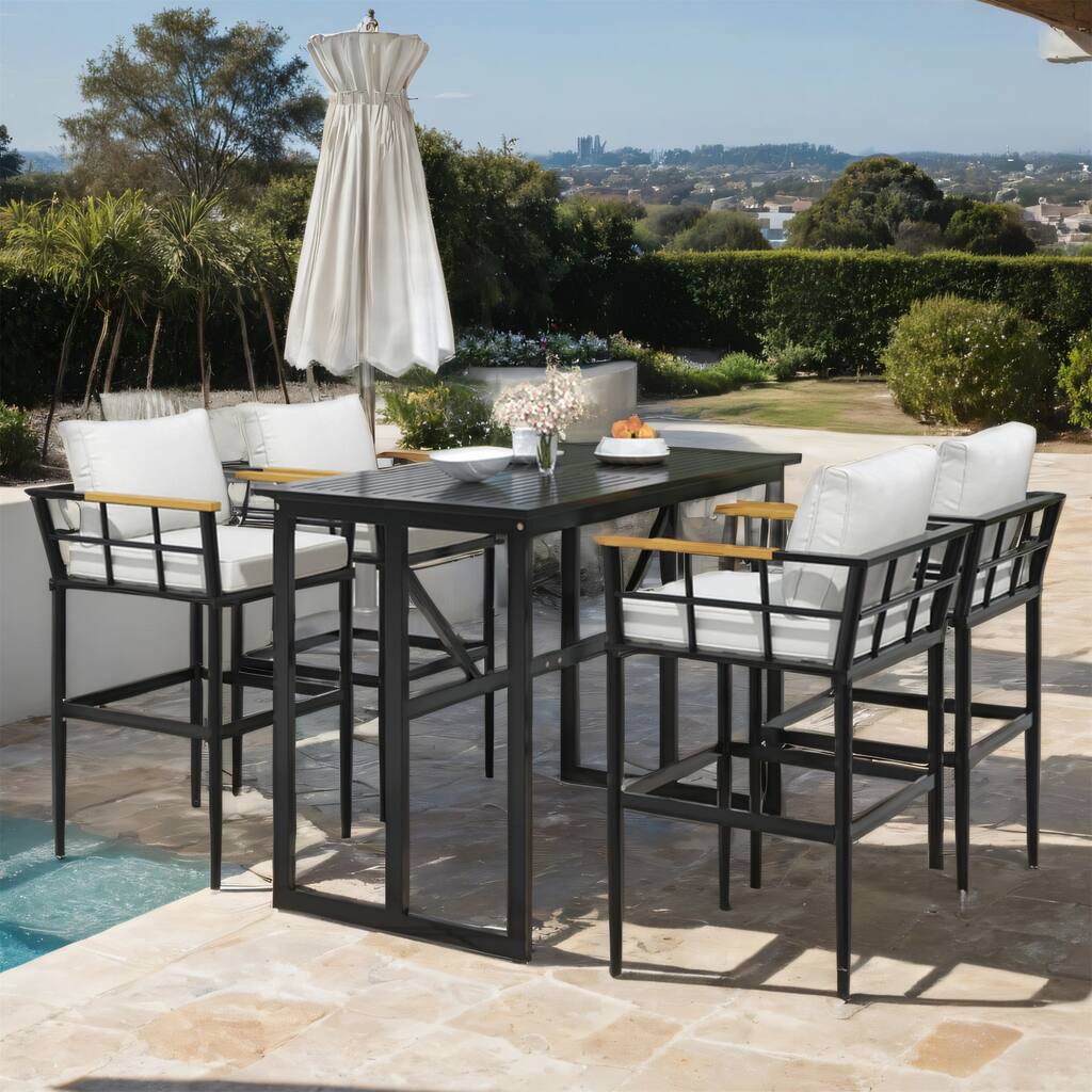 Acacia Wood & Iron Dining Set with Cushions, 400LB Capacity, 5 Pcs