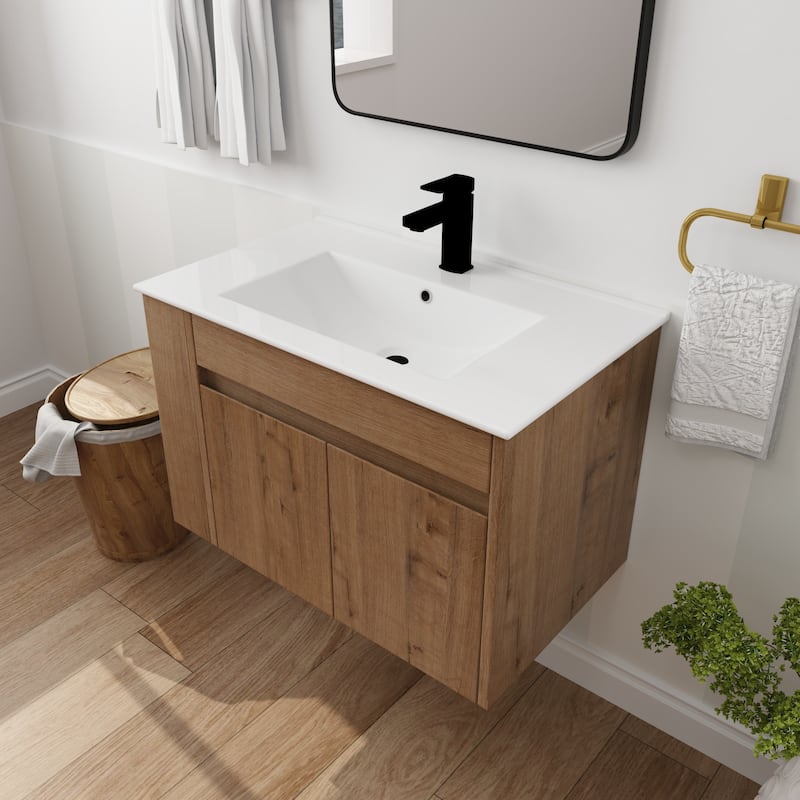 30 Inch Bathroom Vanity With White Ceramic Basin and Adjust Open Shelf