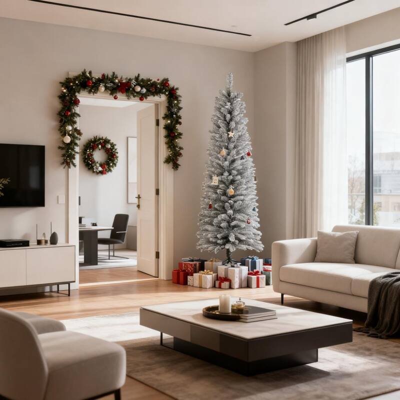 Snow Flocked Pencil Artificial Tree - Metal Base, Holiday Decor - Green