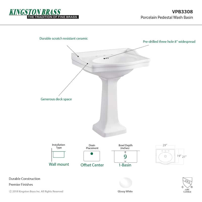 Kingston Brass Imperial 29-15/16" Rectangular Ceramic Pedestal Sink