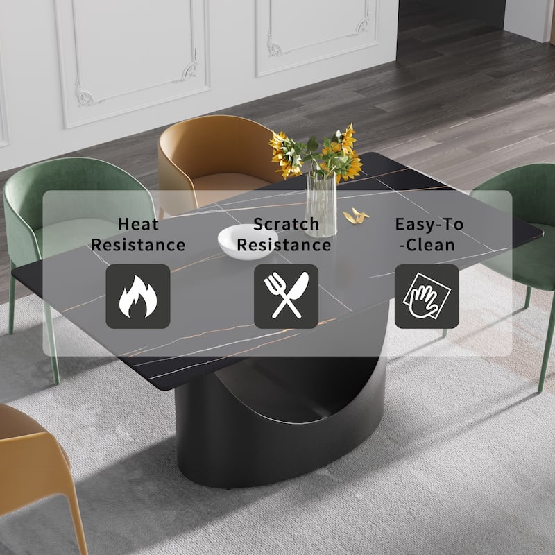 63" Rectangle Marble Top Dining Table, Black Sintered Stone Kitchen Table with Metal Legs