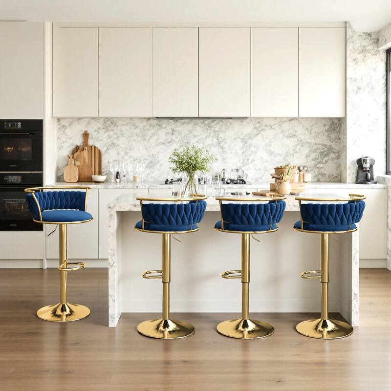Velvet Upholstered Adjustable Bar Stool Swivel Counter Chair Set of 2 - Navy Blue/Gold - Set of 4