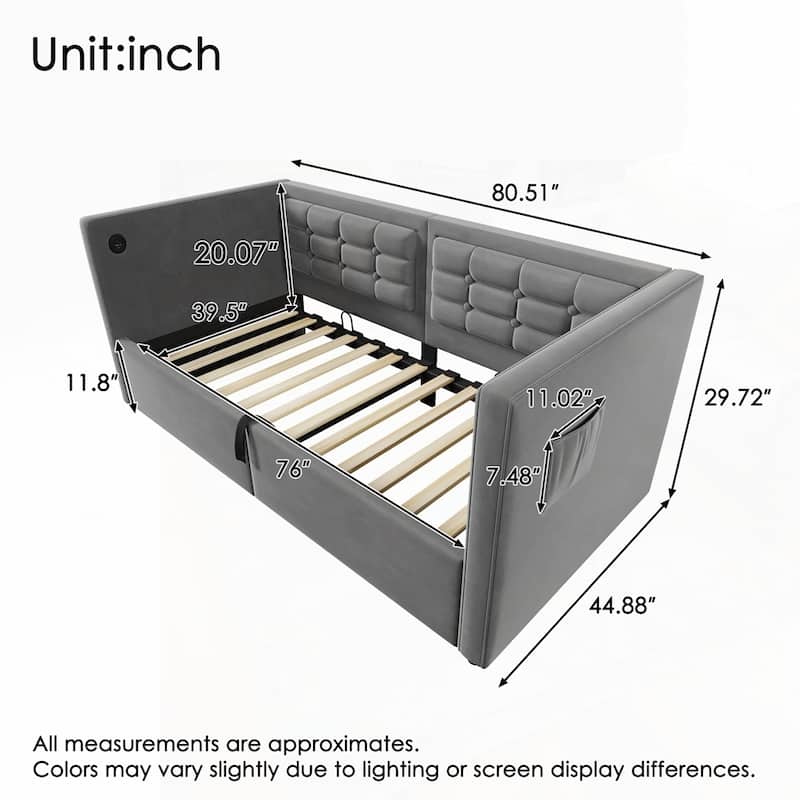 Hydraulic Storage Twin Bed Frame with Wooden Slats and Tufted Sofa Back