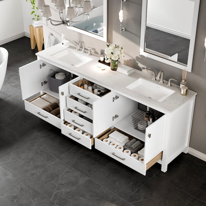 Eviva Aberdeen 84"W x 22"D Double Sink Bathroom Vanity with White Carrara Quartz Countertop and Undermount Porcelain Sinks