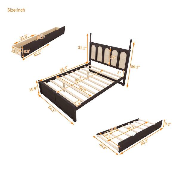 Queen Size Rattan Platform Bed with 2 Drawers, Wooden Bed with Twin Trundle, Space-saving Bed with Rattan Headboard, Brown