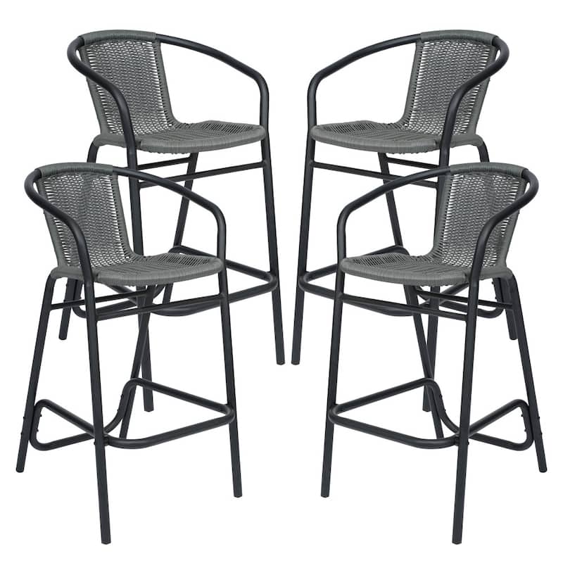 Commercial Indoor-Outdoor Rattan Restaurant Barstool with Aluminum Frame-Set of 4