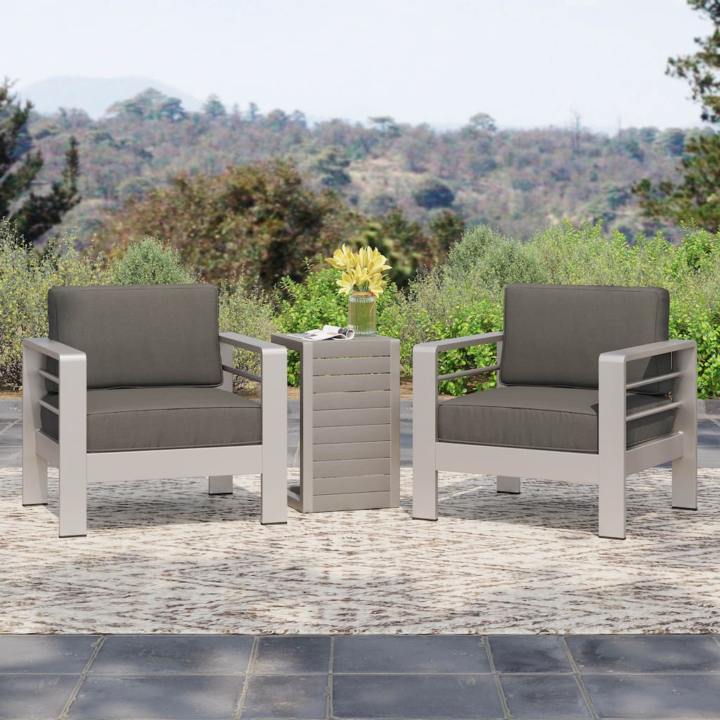 Cape Coral Outdoor Aluminum 3 Piece Chat Set with C Shaped Table by Christopher Knight Home