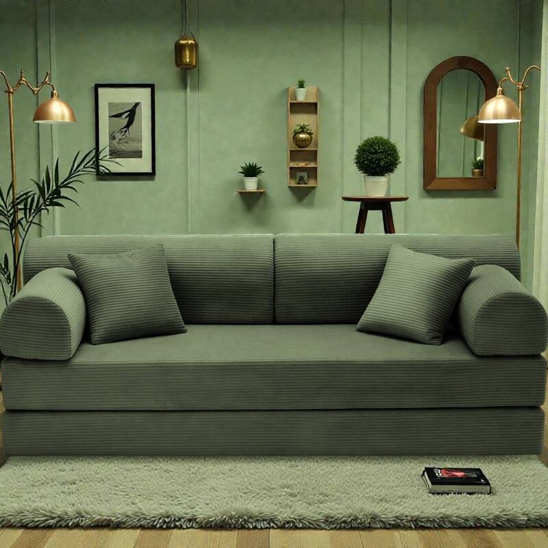 Convertible Sleeper Sofa Bed, 4-in-1 Corduroy Folding Floor Couch with Cylindrical Pillow, 2-Seat Space-Saving Lounge Sofa