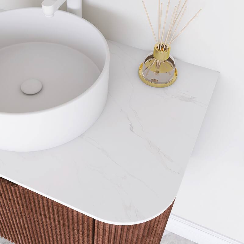 Plywood Wall-Mounted Bathroom Vanity Set with Integrated Ceramic Sink in Natural Wood