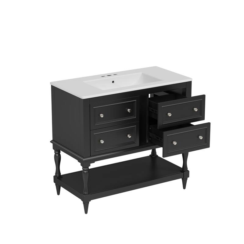 Roomfitters 36" Vanity with Undermount Ceramic Sink, Solid Wood Cabinet with 4 Drawers, Freestanding Bathroom Set