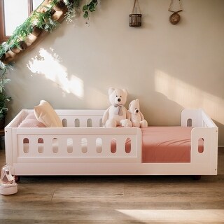 Twin Size Platform Bed with Guardrail and Semi-enclosed Fence