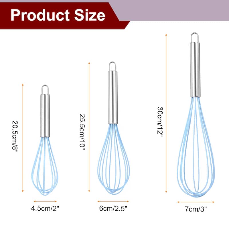 3Pcs Silicone Whisk 8" 10" 12" Kitchen Whisk Wire Whisks Beater - Blue