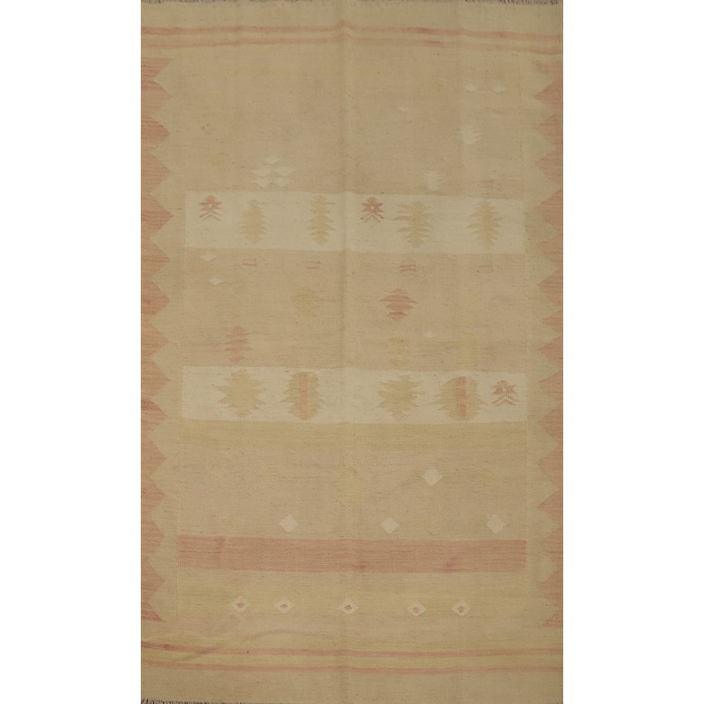 Hand Woven Oriental 100% Wool Carpet Southwestern Tribal Beige & Ivories Kilim Area Rug - 7' 0'' X 4' 9''