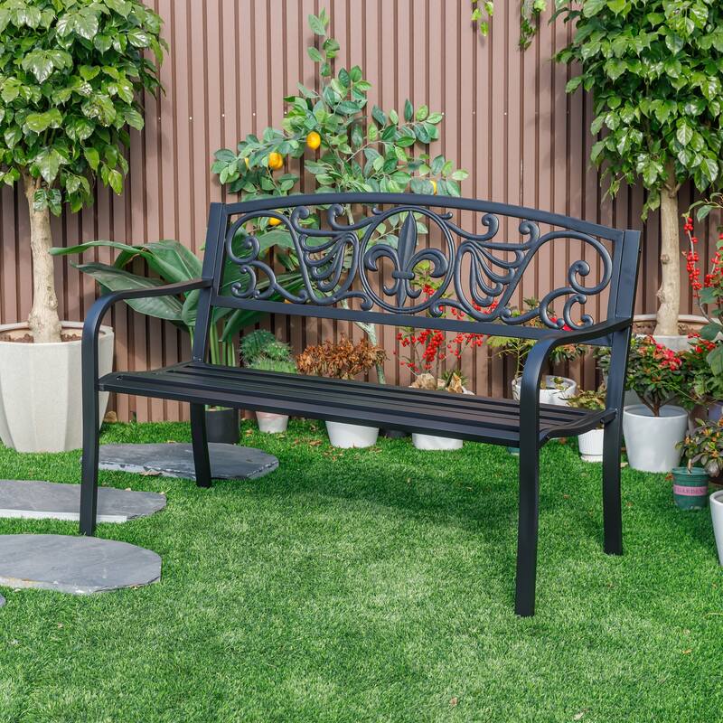 Ornate Backrest Outdoor Garden Bench with Curved Armrests - 50" - Black