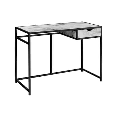 Computer Desk, Home Office, Laptop, Storage Drawer, 42"l, Work, White Marble Look Laminate, Black Metal, Contemporary, Modern