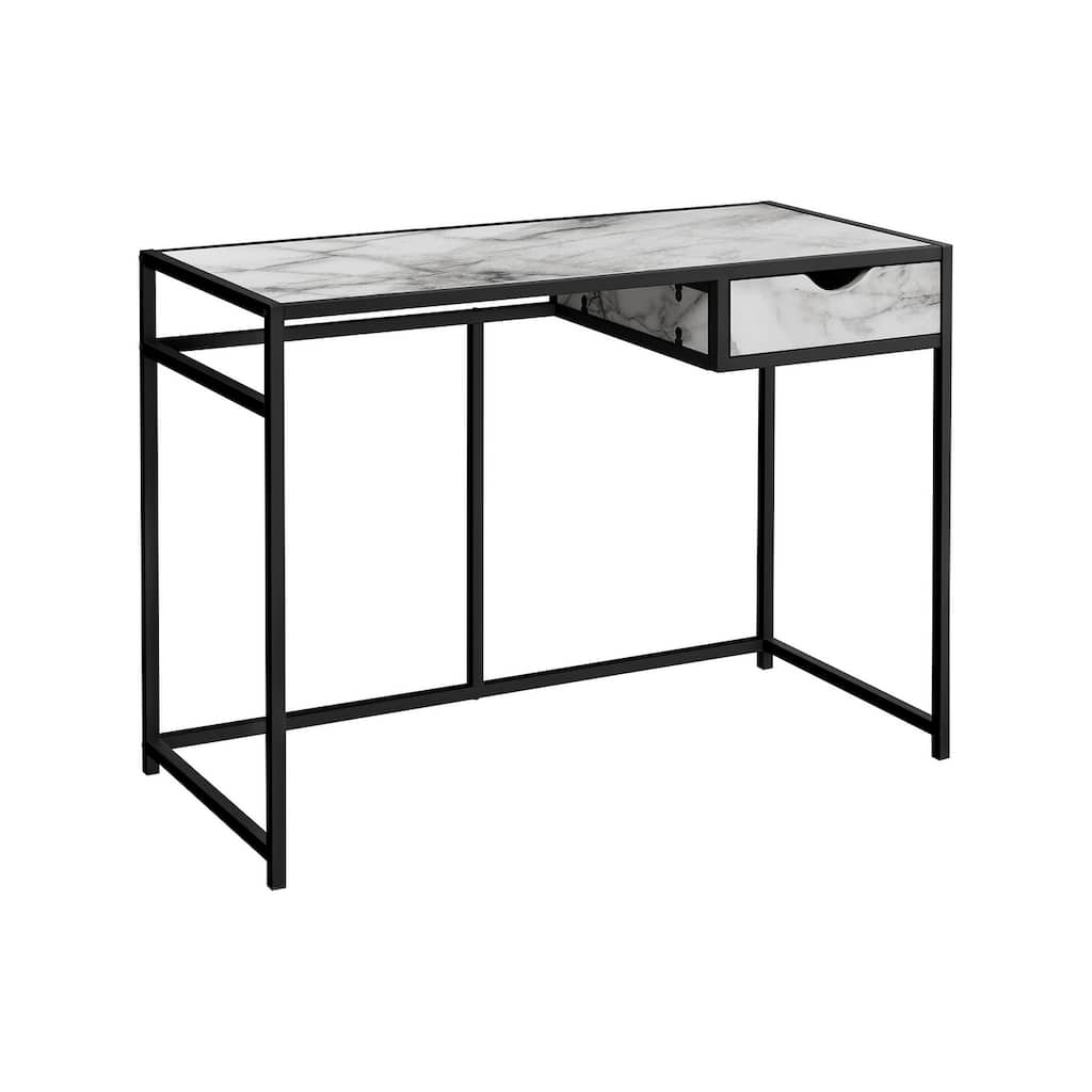 Computer Desk, Home Office, Laptop, Storage Drawer, 42"l, Work, White Marble Look Laminate, Black Metal, Contemporary, Modern