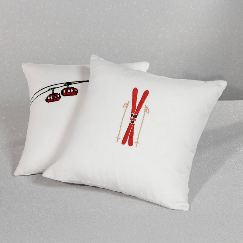 Ski Mountain Winter Scene Cotton Embroidered Throw Pillow, 16" x 16"