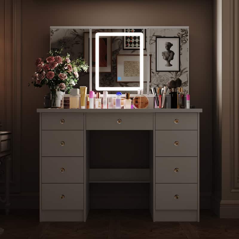 Vanity Desk with Mirror and Lights, Large Makeup Vanity Dressing Table