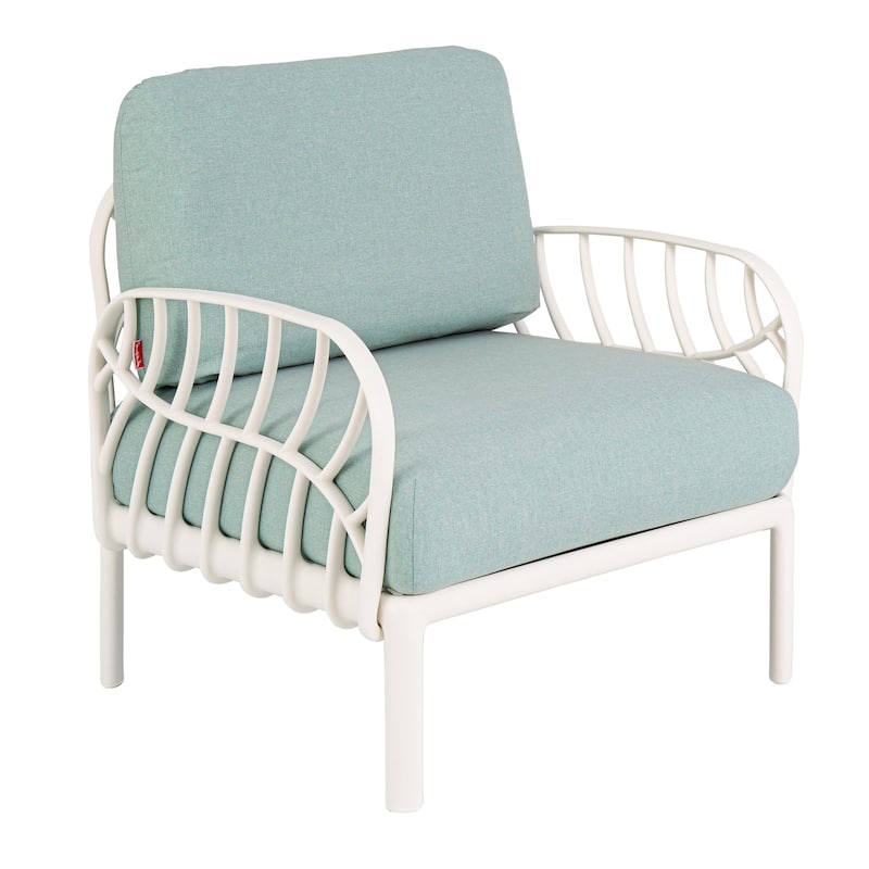 31" White Heavy Duty Plastic Outdoor Armchair With Sea Green Cushion