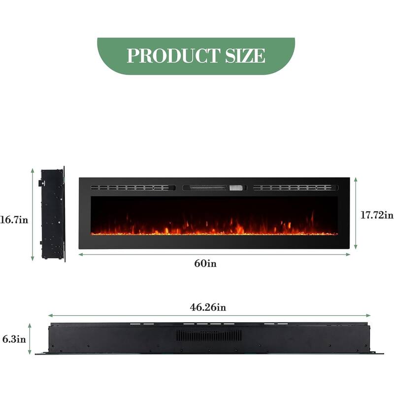 1500W/750W 60"" Electric Fireplace Heater, Dual Power with Thermostat