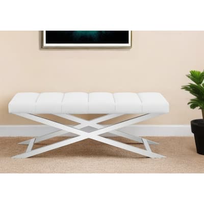 HomeRoots 55" Cream and Wood Brown Upholstered Polyester Blend Bench - 55