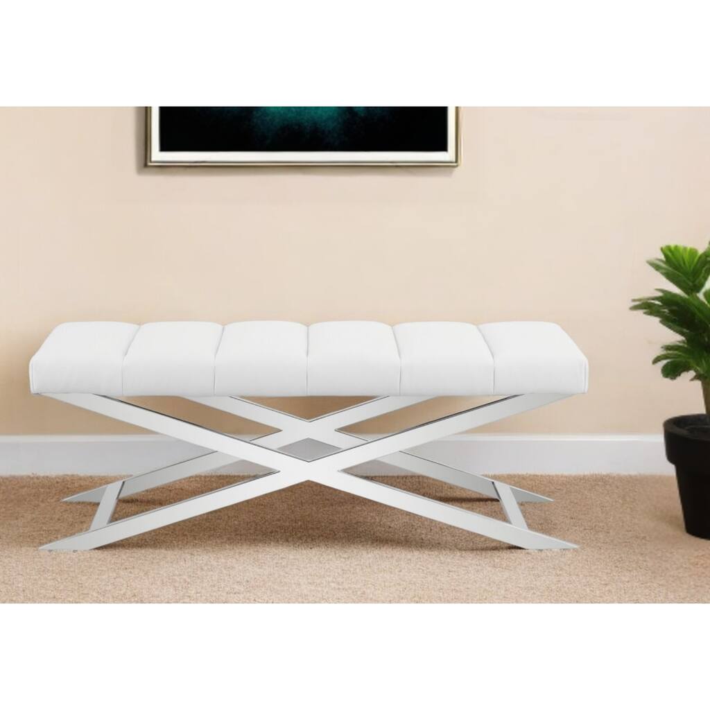 HomeRoots 55" Cream and Wood Brown Upholstered Polyester Blend Bench - 55