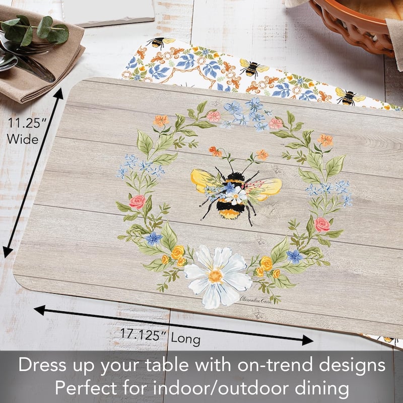 Floral Bee 4 Pack Reversible Easy Care Flexible Plastic Placemats Made in The USA BPA Free Easily Wipes Clean