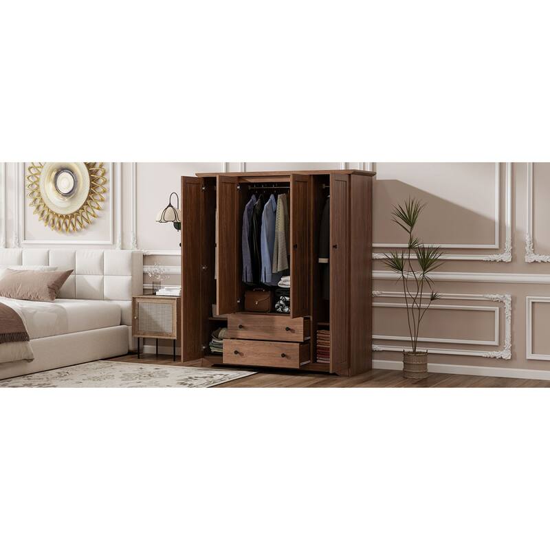 Roomfitters 4-Door Wardrobe Armoire with 2 Drawers and Hanging Rail