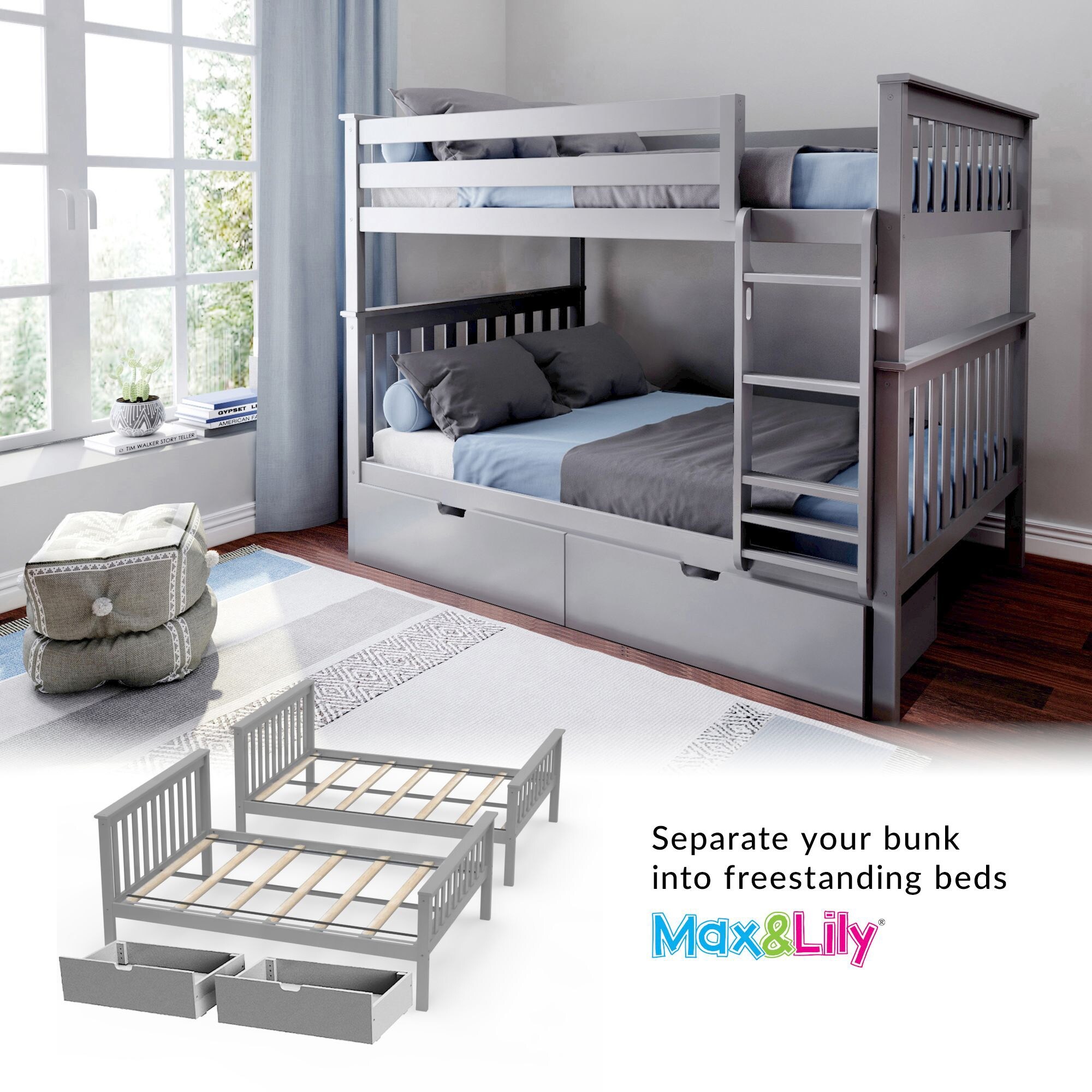 Max and Lily Full over Full Bunk Bed with Storage Drawers On