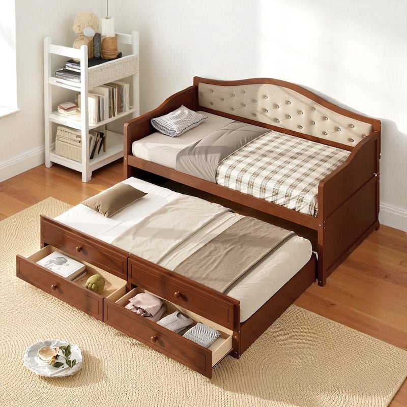 Twin Daybed with Trundle and 2 Storage Drawers, Upholstered Button Tufted Sofa Bed with Solid Wood Frame