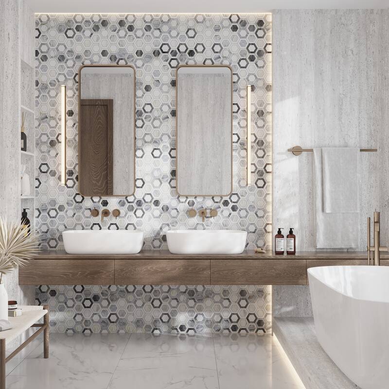 Toscana 10x11 in. Polished Calacatta Bluette, Calacatta, White Hexagon Mosaic Wall and Floor Tile (3.74 sq ft/case, 5-Pack) - White Gray