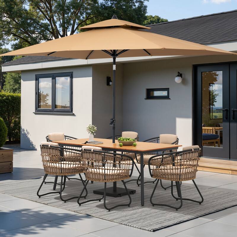 9/11-piece Outdoor Dining Set w/ Umbrella and Base Aluminum Dining Table and PE Rattan Chairs