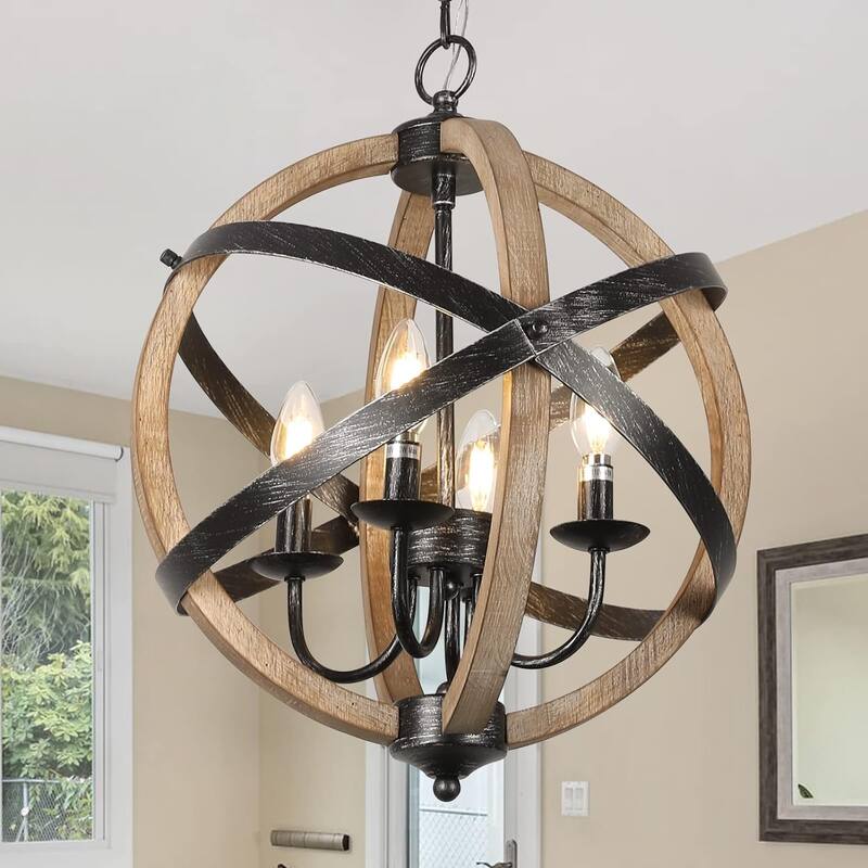 Farmhouse Chandelier Light Fixture, 5-Light Rustic Wooden Pendant and Ceiling Light for Dining Room or Bedroom - Brown