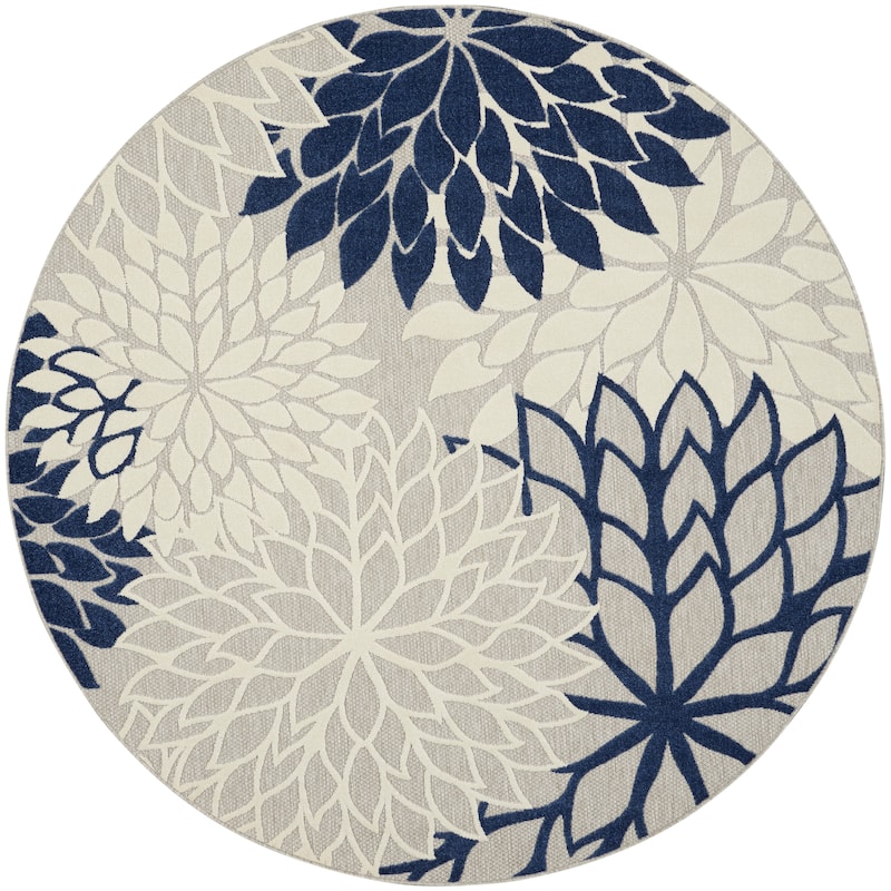 Nourison Aloha Floral Modern, Indoor/Outdoor Area Rug - 5'3" x Round - Ivory/Navy Blue