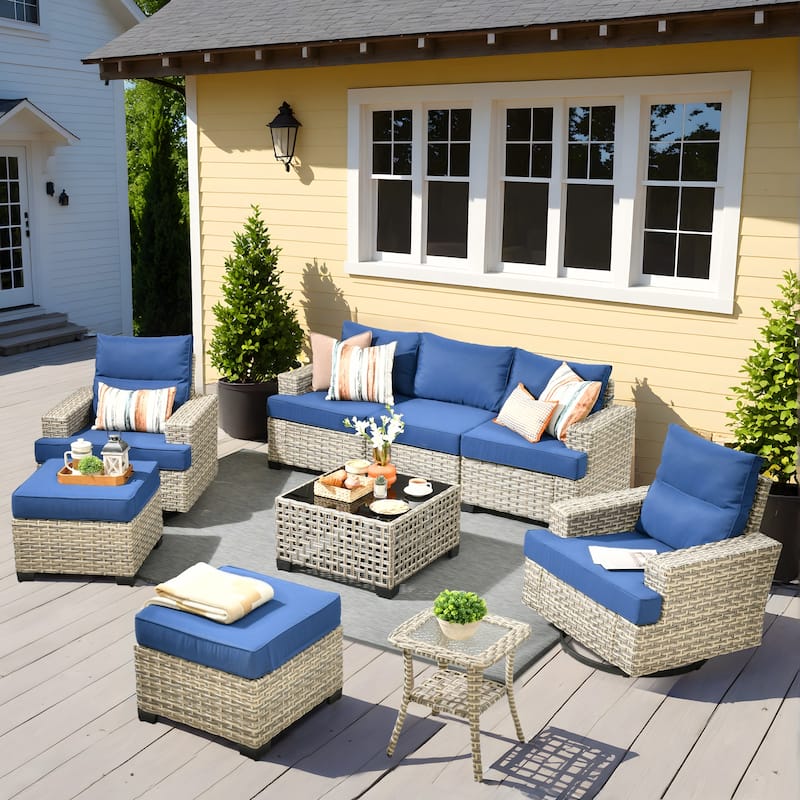 OVIOS 9 Pieces Wide Arm T shaped Seat Curved Swivel Chair Set With Solar-Powered Table - DiamondBlue