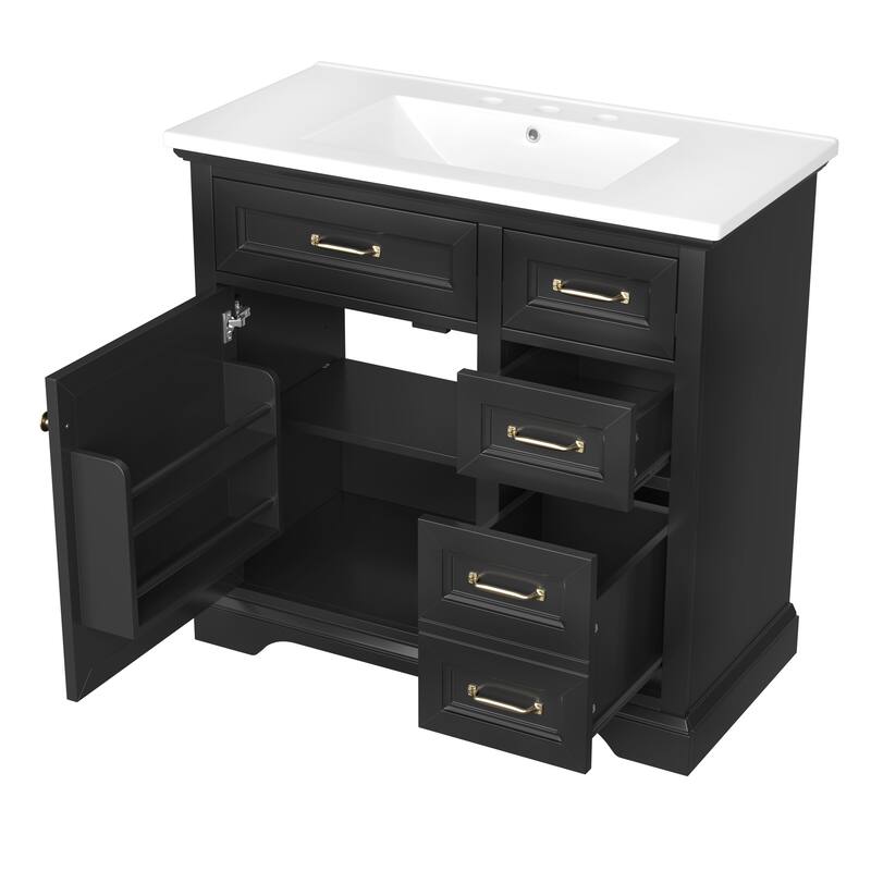 36" Bathroom Vanity with Sink, Ceramic Sink, 2 Tip-out Drawers, Soft Close Door Hinges, Black