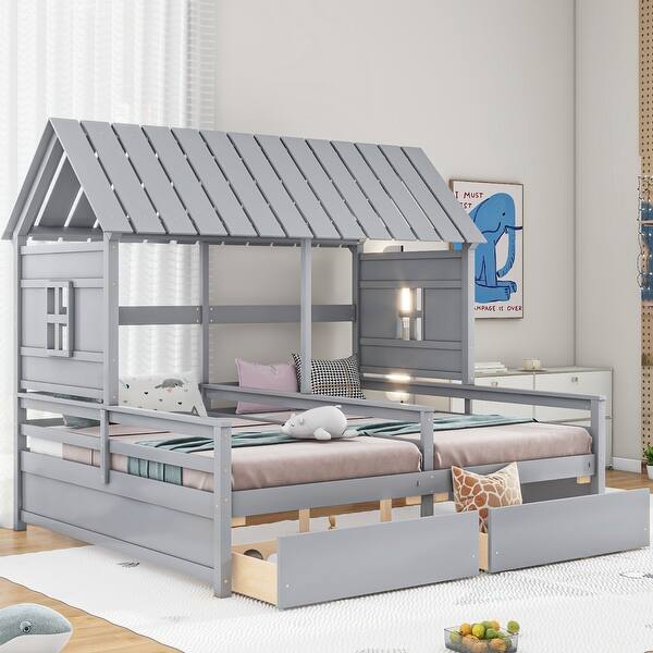 slide 2 of 13, Gray Twin Size Solid Wood House Platform Beds with Two Drawers for Boys and Girl Shared Beds Gray