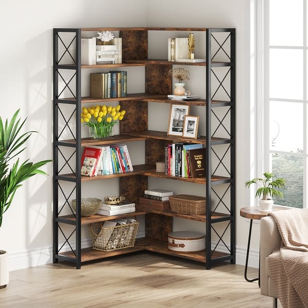 slide 1 of 24, 6-Shelf Corner Bookcase, Vintage Industrial Corner Bookshelf Etagere Bookcase Rustic Brown