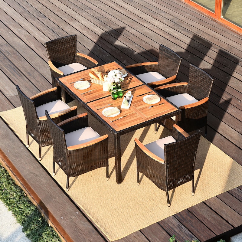 Costway 7PCS Patio Rattan Dining Set 6 Stackable Chairs Cushioned