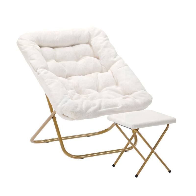 Oversized Folding Upholstered Saucer Chair with Ottoman - Ivory Synthetic Shearling Fabric/Soft Gold Frame