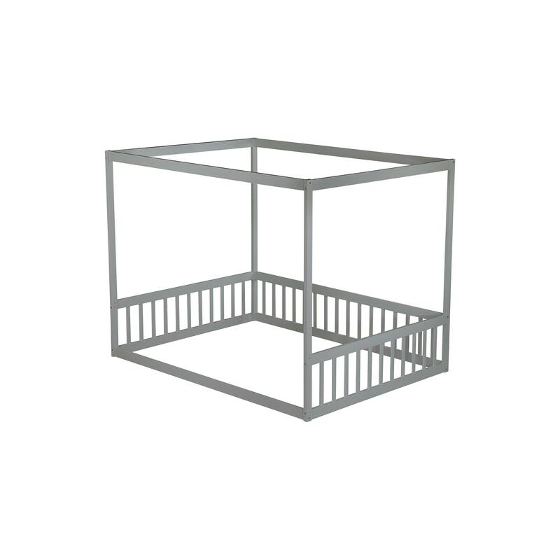 Canopy Frame Floor Bed with Fence, Guardrails