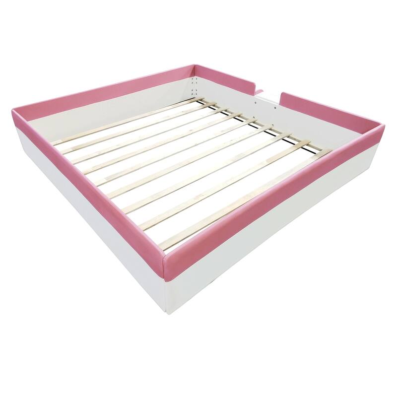King Size Upholstered Daybed Frame with Fence and Stairs,(Pink+White)