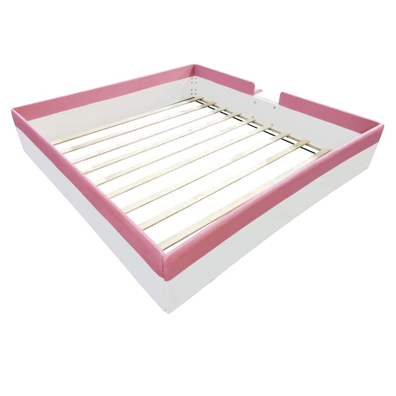 Upholstered Daybed Frame Two-color Grounded Toddler Floor Bed Low Profile Sofa Bed with Fence and Stairs Wood Slat Support Bed