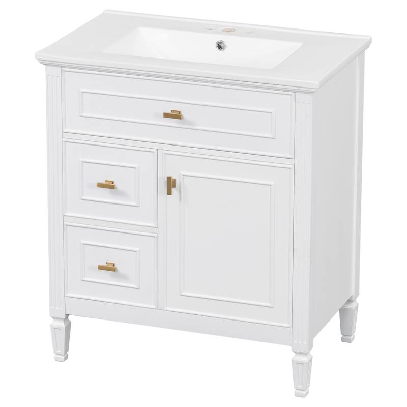 Roomfitters 30" Bathroom Vanity with Ceramic Sink, Solid Wood Frame with Flip Drawer, 2 Side Drawers & Adjustable Shelf