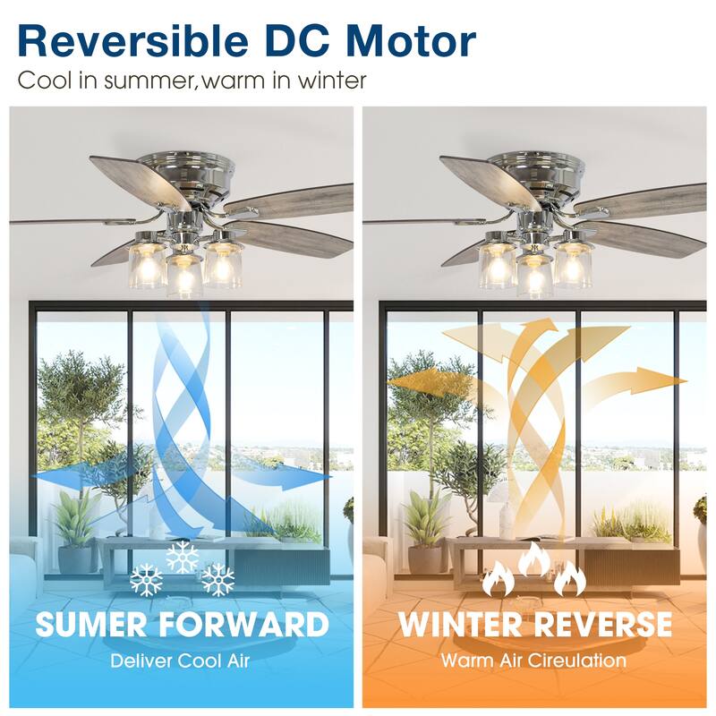 52" Modern Indoor Chrome Flush Mount Reversible Chandelier Ceiling Fan with Light and Remote