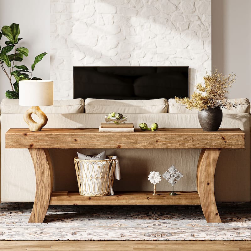 2-Tier Low Solid Wood Console Table for Living Room Entryway Hallway