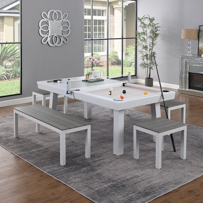 Laguna Indoor/Outdoor 7ft Slate Pool Table 6-Seater Dining Set with 4 Benches & Accessories, White Finish