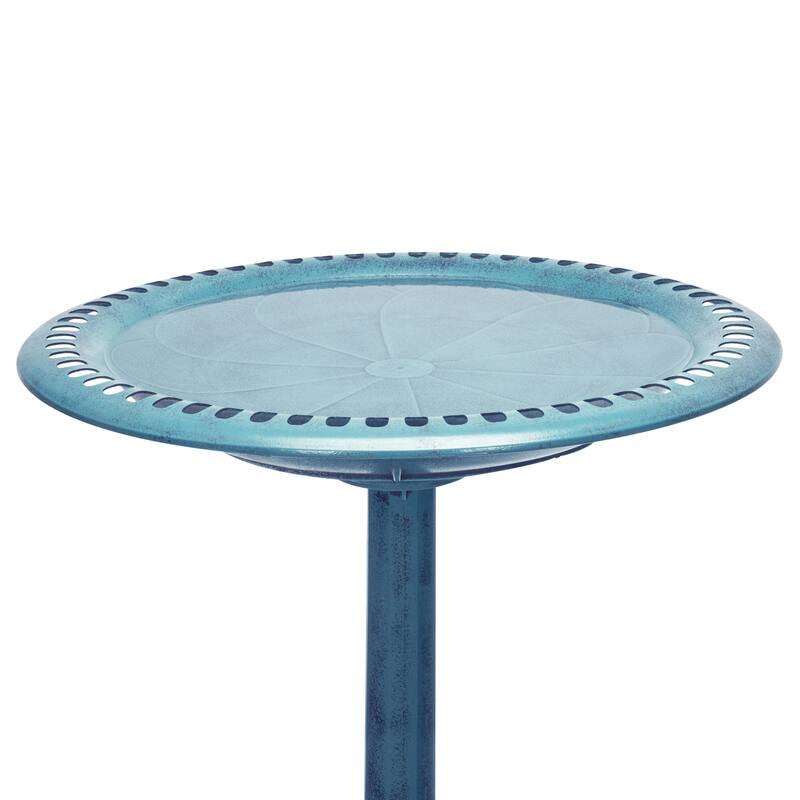 Blue Pedestal Birdbath with Scrollwork Base and Ground Stakes